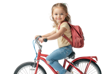 Little Girl Riding A Bicycle With A Backpack isolated on transparent background