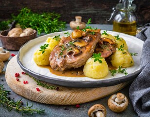 Koteletts mit Kartoffelkl&ouml;&szlig;e, Steinpilzen und Kr&auml;utern