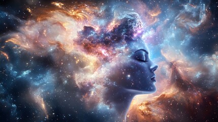 A celestial goddess surrounded by swirling galaxies in a cosmic realm, divine lighting, mythological figure, cosmic vibes, transcendent atmosphere, image use