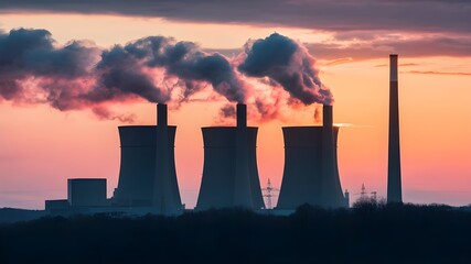 A coal-fired power station silhouetted against a vibrant sunset sky. 