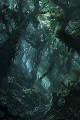 A dense, dark forest with towering trees that obscure the sky, creating an eerie atmosphere.
