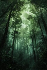 Fototapeta premium A dense, dark forest with towering trees that obscure the sky, creating an eerie atmosphere.