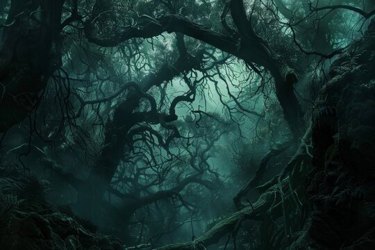 A dense, dark forest with towering trees that obscure the sky, creating an eerie atmosphere.