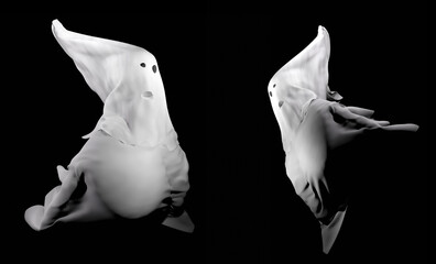 Cute funny scary Halloween white ghosts isolated on black background.