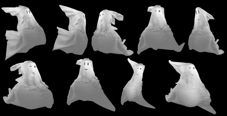 Cute funny scary Halloween white ghosts isolated on black background.