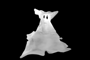 Cute funny scary Halloween white ghost isolated on black background.