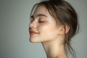 A close up of a girl's face with her eyes closed