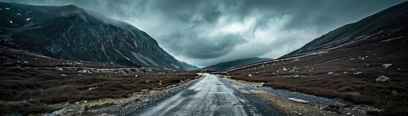 A moody landscape featuring a winding road through mountainous terrain under dark, dramatic clouds. Perfect for nature themes.