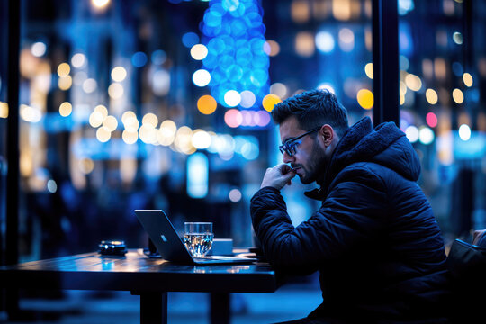 Thoughtful businessman working on laptop at night in a street cafe
