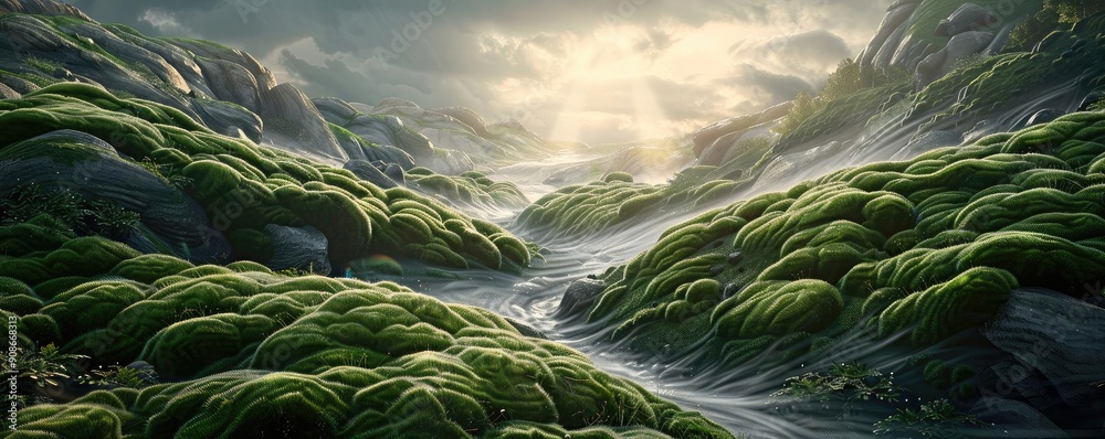 Poster a serene landscape featuring lush green moss and gentle light cascading through the mist, evoking tr