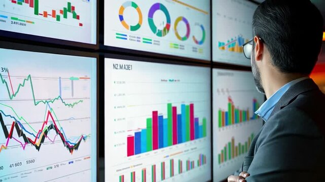 A self-assured man manager watches an interactive TV digital whiteboard that shows innovative eco-friendly and sustainable