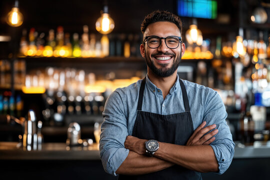 Confident male business owner smiling while standing in his bar