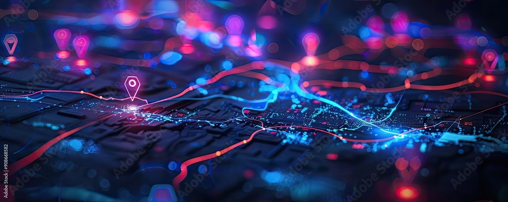 Poster A vibrant digital cityscape with illuminated pathways and location markers, showcasing advanced navigation and connectivity.