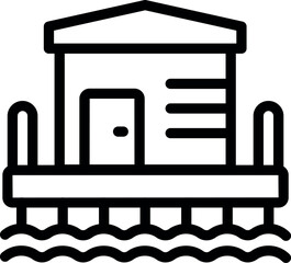 Clean and minimalist line art icon depicting a stilt house over water, ideal for representing coastal living, waterfront properties, or vacation rentals