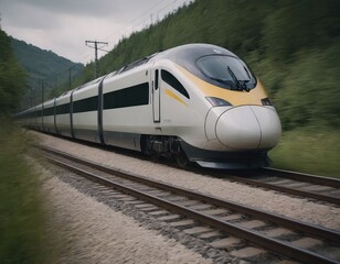 Fototapeta premium Modern high-speed train approaches to the station at spring morning time.