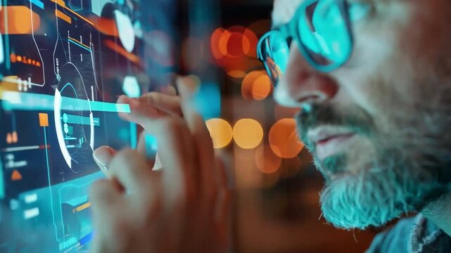A self-assured man manager watches an interactive TV digital whiteboard that shows innovative eco-friendly and sustainable