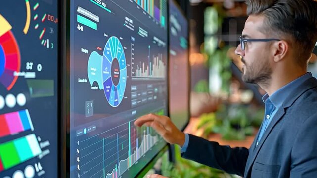 A self-assured man manager watches an interactive TV digital whiteboard that shows innovative eco-friendly and sustainable