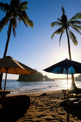 Nusa Penida Island, Bali, Indonesia - July 5, 2018: Cliff, coast and beach in Nusa Penida Island 