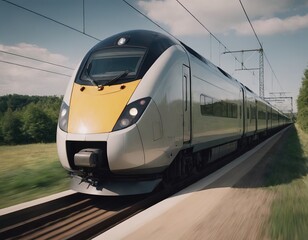 Naklejka premium Modern high-speed train approaches to the station at spring morning time.