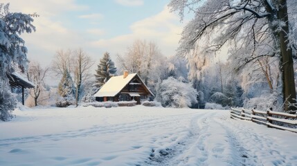 Snow-covered trees and rustic cottage in the morning, Christmas time
