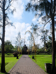 Tanah Lot Temple and Balinese palace, Bali style roof 
