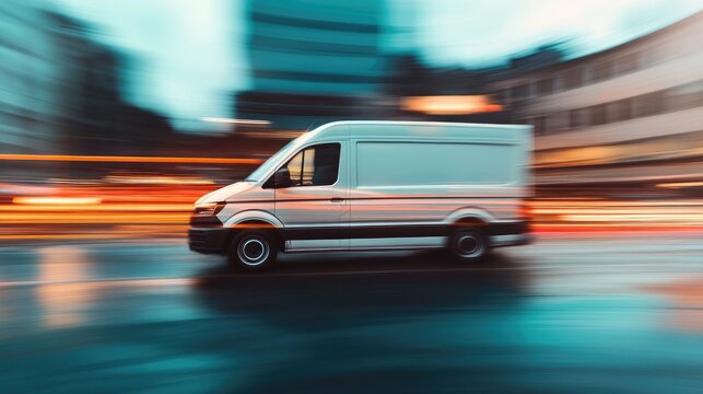 Delivery van in motion, blurred background emphasizing fast and efficient delivery.