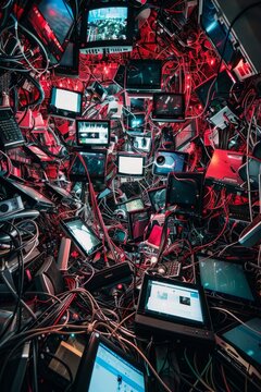 Beast of Technology Overload. A monstrous amalgamation of screens, devices, and cables, each emitting an overwhelming barrage of notifications and alerts