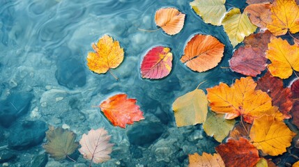 Floating fall leaves on a clear pond, showcasing the colors of autumn.