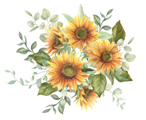 Watercolor sunflower border, hand-painted summer flower bouquet