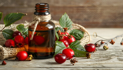 Essential oil of rosehip and fresh berries and leaves, small bottle on canvas. Light wood background