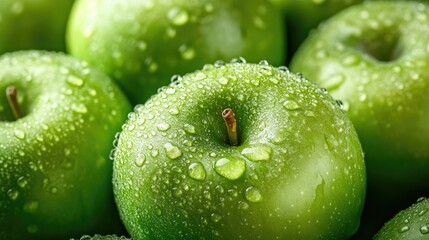 Green apples with water droplets, creating a fresh and juicy pile