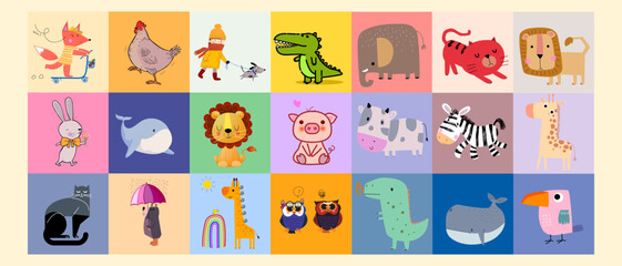 Fototapeta premium Colorful Cute animals character for kids and baby nursery vector illustration. Childish scandinavian style hand drawn poster, wall art, greeting cards.