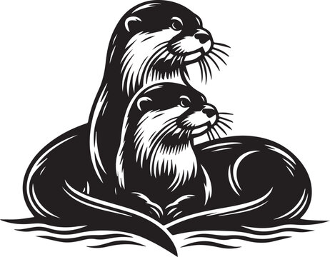 recommend clip art: otter silhouette, otter line art black white vector illustration, Old vintage engraving illustration. Hand drawn outline graphic.
                    