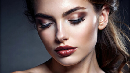Fototapeta premium Sensual brunette model with flawless skin and captivating eyes in a glamorous close-up studio portrait