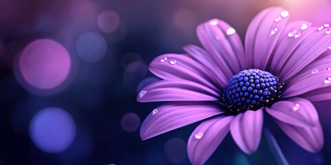 Obraz premium Purple Daisy Flower with Dew Drops in Beautiful Bokeh Light