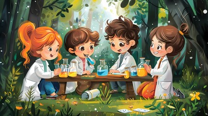 Four children in lab coats conduct science experiments in a whimsical forest setting.
