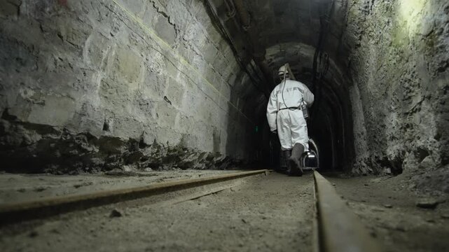 mine workers pushing a coal wagon in a mine.