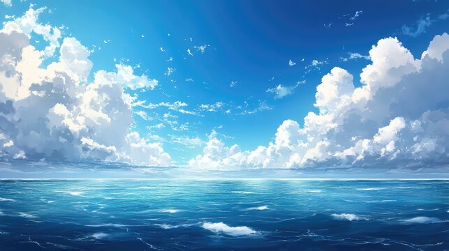 Ocean view with clouds in anime style, creating a tranquil and picturesque scene.