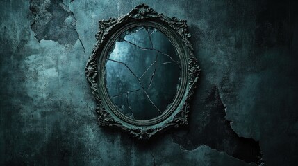 Old ornate mirror with a cracked frame on a shadowy background, evoking a horror theme.