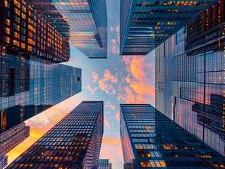 Soaring Skyscrapers Silhouetted Against a Vibrant Sunset Sky