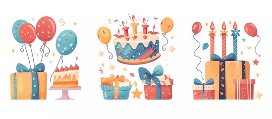 Set of Birthday cards with cake, balloons and gifts. Happy birthday party banner template design.