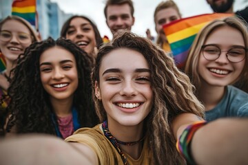 Fototapeta premium A joyful selfie of a group of LGBTQIA individuals smiling and holding rainbow flags at a pride parade, celebrating and supporting the LGBTQIA community