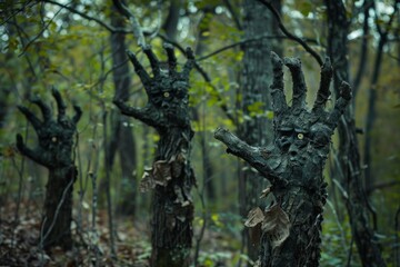 Fear of the Natural World. A forest where trees have eyes and branches form into hands, creatures made of leaves and dirt emerging from the underbrush, symbolizing the fear of nature.