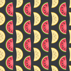 Flat geometric vector pattern with melon and watermelon slices. Perfect template for banner, cover, background, card, sale. Hand drawn illustration.