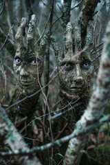 Obraz premium Fear of the Natural World. A forest where trees have eyes and branches form into hands, creatures made of leaves and dirt emerging from the underbrush, symbolizing the fear of nature.