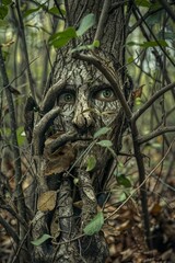 Obraz premium Fear of the Natural World. A forest where trees have eyes and branches form into hands, creatures made of leaves and dirt emerging from the underbrush, symbolizing the fear of nature.