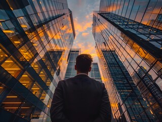 Businessman Gazing Upwards at Soaring Skyscrapers Against Dramatic Sunset Sky