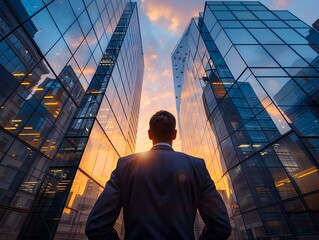 Fototapeta premium Ambitious Businessman Contemplates Towering Skyscrapers at Sunset