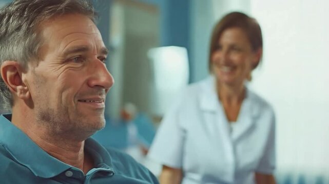 A patient with amyotrophic lateral sclerosis receiving assistance from a physiotherapist.