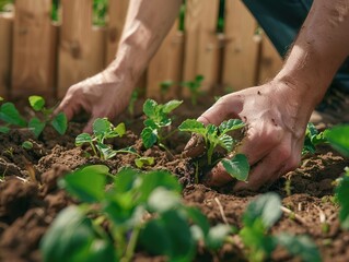 Person planting young vegetables in a garden, focusing on hands and feet planting seeds into rich soil. Outdoor scene with green plants and freshly planted seedlings in the background